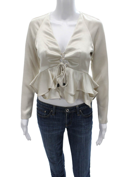 Alexis Womens Cropped Ivory V Neck Lace Up Long Sleeve Blouse Size XS