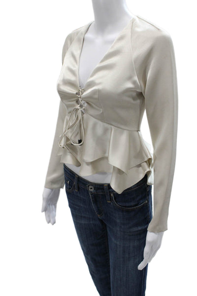 Alexis Womens Cropped Ivory V Neck Lace Up Long Sleeve Blouse Size XS