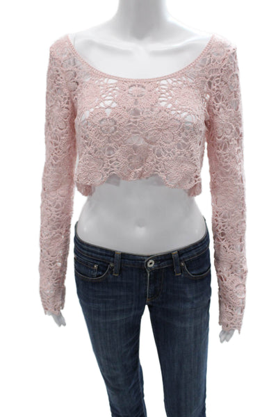 MNG Womens Cropped Floral Scoop Neck Long Sleeve Blouse Pink Size S