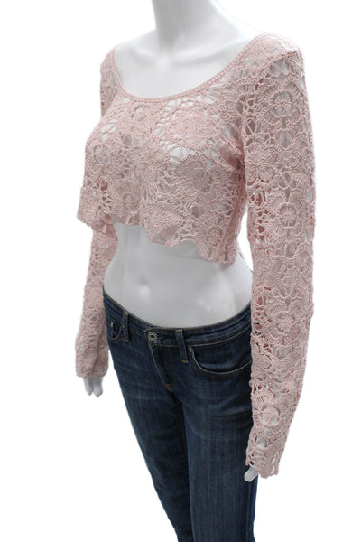 MNG Womens Cropped Floral Scoop Neck Long Sleeve Blouse Pink Size S