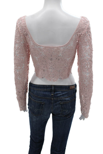 MNG Womens Cropped Floral Scoop Neck Long Sleeve Blouse Pink Size S
