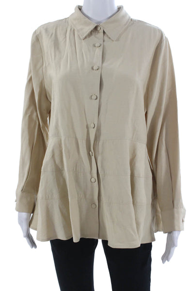 Pomander Place Women Tunic Button-Up Beige Rayon Collared Long Sleeve Size L