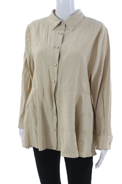 Pomander Place Women Tunic Button-Up Beige Rayon Collared Long Sleeve Size L