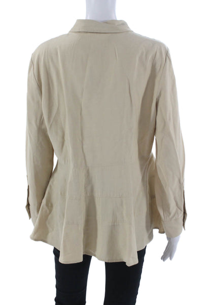 Pomander Place Women Tunic Button-Up Beige Rayon Collared Long Sleeve Size L