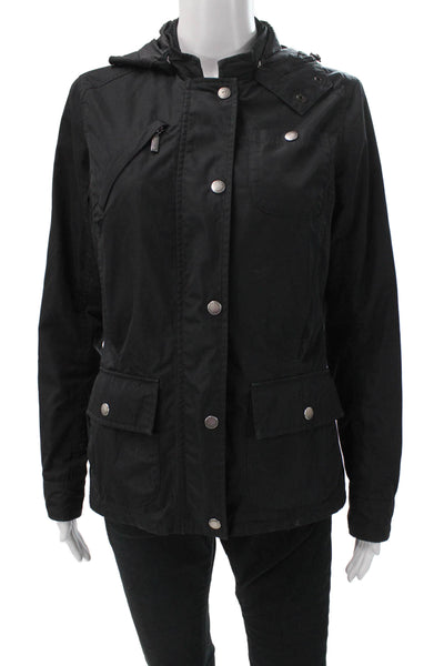 Barbour Women Rain Coat Black Polyamide Blend Button Closure Size 6