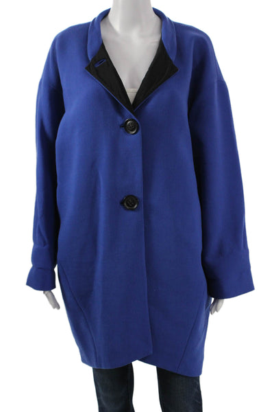 Lafayette 148 New York Women Blue Virgin Wool Overcoat Button Size M