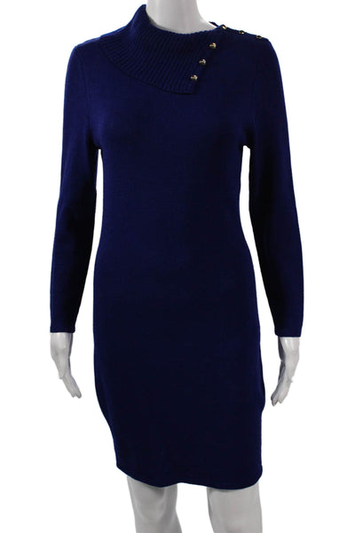 St. John Womens Sweater Dress Blue Wool Blend Cowl Neck Long Sleeve Size PP
