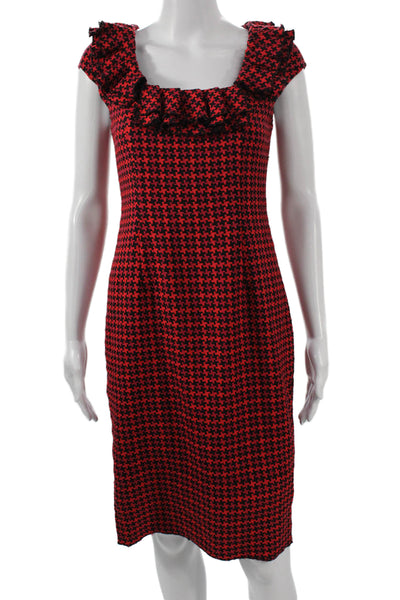 Kay Unger Womens Sheath Dress Red Houndstooth Square Neck Short Sleeve Size 2