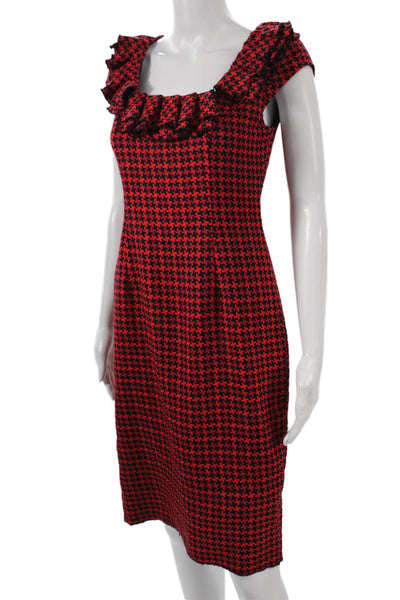 Kay Unger Womens Sheath Dress Red Houndstooth Square Neck Short Sleeve Size 2