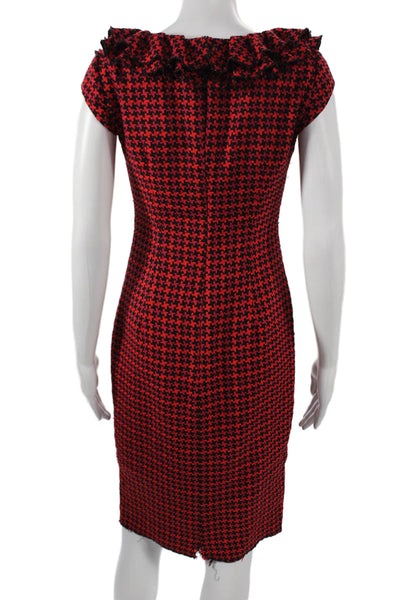 Kay Unger Womens Sheath Dress Red Houndstooth Square Neck Short Sleeve Size 2