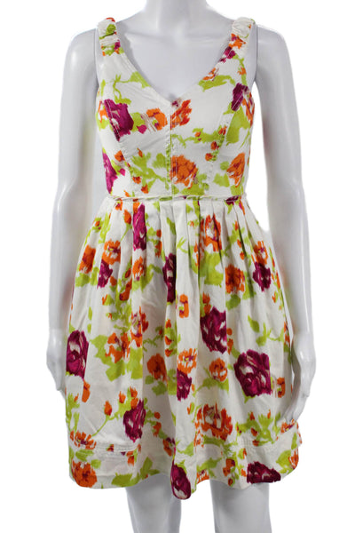 Kay Unger Women White Floral Fit & Flare Dress V-Neck Sleeveless Zip Size 2