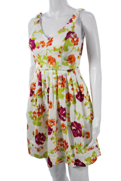 Kay Unger Women White Floral Fit & Flare Dress V-Neck Sleeveless Zip Size 2
