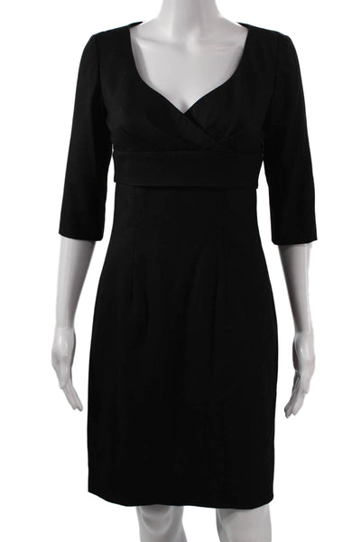 Etcetera Womens Sheath Dress Black V-Neck 3/4 Sleeve Zip Polyester Size 2