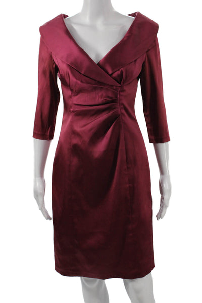 Kay Unger Womens Sheath Dress Red V-Neck 3/4 Sleeve Acetate Size 2