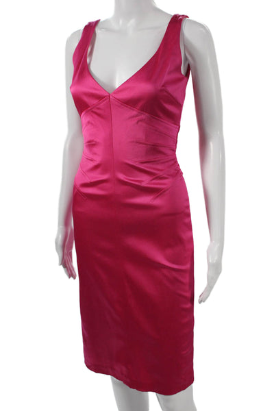 David Meister Women Pink Satin V-Neck Sheath Dress Knee-Length Size 2