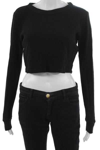 Mate Womens Cropped T-Shirt Black Round Neck Long Sleeve Organic Cotton Size S