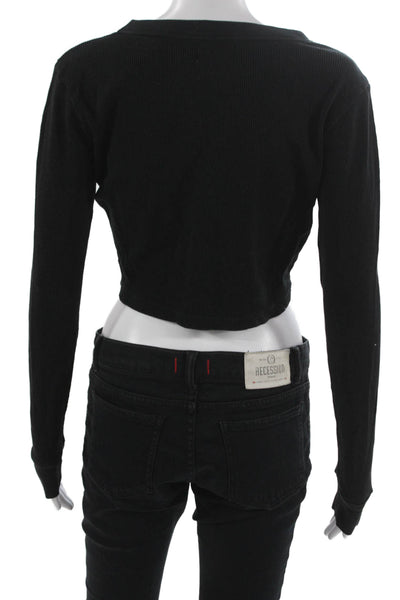 Mate Womens Cropped T-Shirt Black Round Neck Long Sleeve Organic Cotton Size S