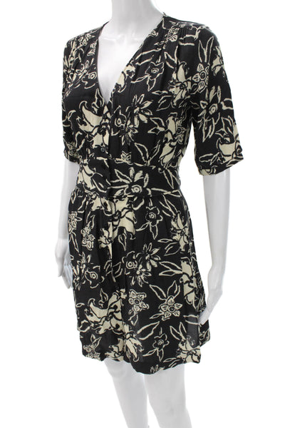 Ba&Sh Women Wrap Dress Black Floral V Neck Half Sleeve Viscose Size 0