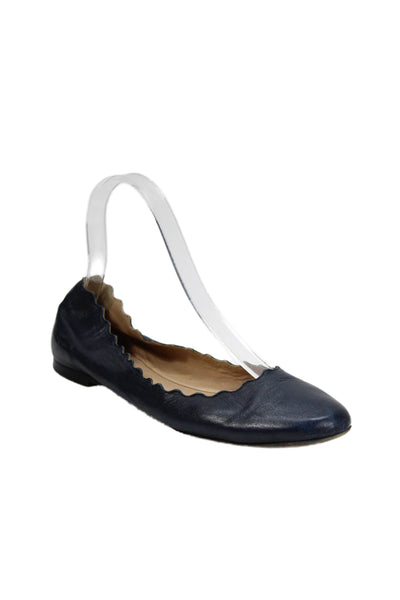 Chloe Womens Leather Scalloped Trim Ballet Flats Navy Blue Size 35.5 5.5