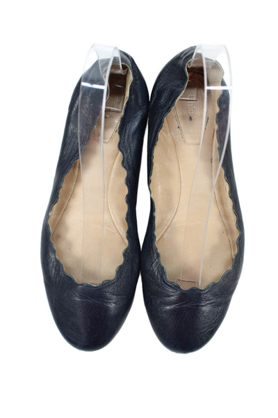 Chloe Womens Leather Scalloped Trim Ballet Flats Navy Blue Size 35.5 5.5