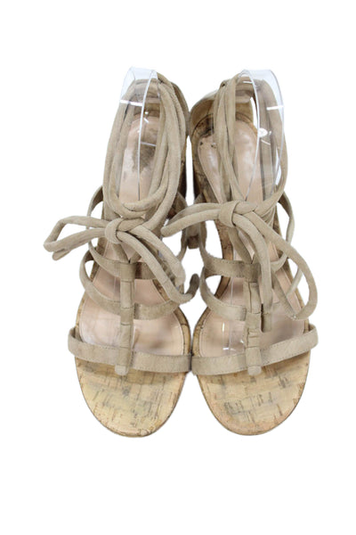Gianvito Rossi Womens Suede Strappy Lace Up Sandal Heels Beige Size 37.5 7.5