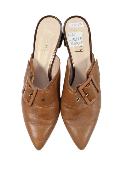FS/NY Womens Leather Buckled Slip-On Pointed Toe Heeled Mules Brown Size 10