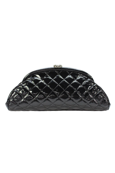 Chanel Womens Quilted Patent Leather CC Logo Clasp Timeless Clutch Handbag Black