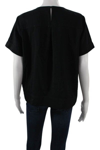 Everlane Women Black Short Sleeve Triacetate Blouse Button Round Neck Size M