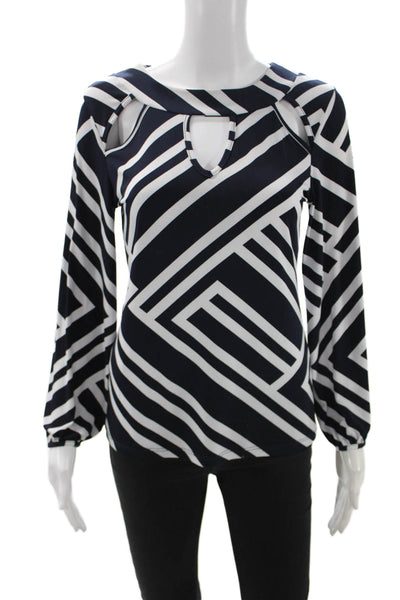 Papillon Blanc Women Blue V-Neck Long Sleeve Geometric Polyester Blouse Size S