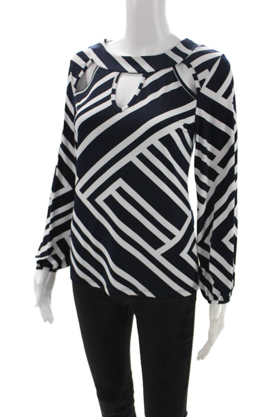Papillon Blanc Women Blue V-Neck Long Sleeve Geometric Polyester Blouse Size S