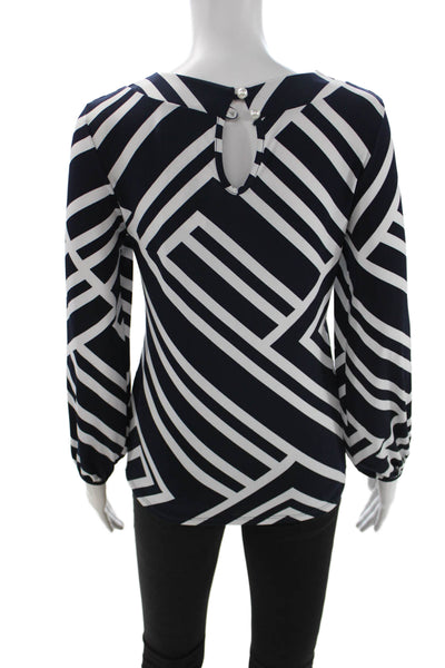 Papillon Blanc Women Blue V-Neck Long Sleeve Geometric Polyester Blouse Size S