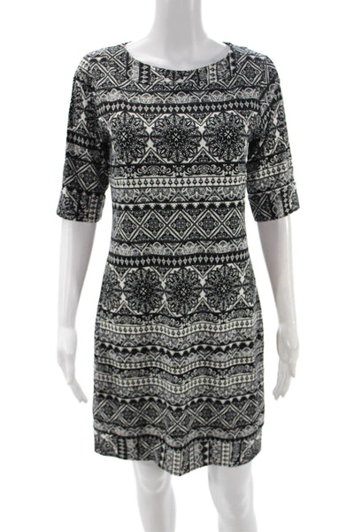 Papillon Blanc Women Shift Dress Black 3/4 Sleeve Round Neck Geometric Size S