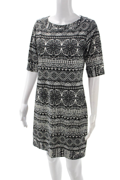 Papillon Blanc Women Shift Dress Black 3/4 Sleeve Round Neck Geometric Size S