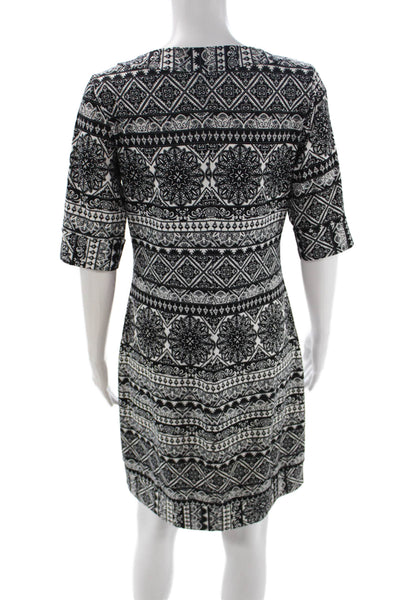 Papillon Blanc Women Shift Dress Black 3/4 Sleeve Round Neck Geometric Size S