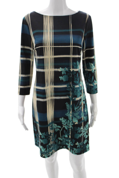 London Times Women Shift Dress Multicolor Plaid Boat Neck 3/4 Sleeve Size 4