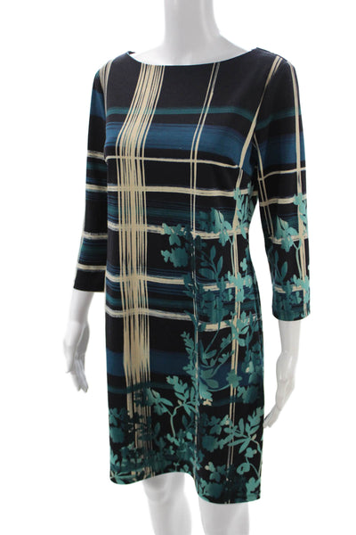 London Times Women Shift Dress Multicolor Plaid Boat Neck 3/4 Sleeve Size 4