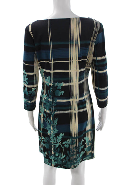 London Times Women Shift Dress Multicolor Plaid Boat Neck 3/4 Sleeve Size 4