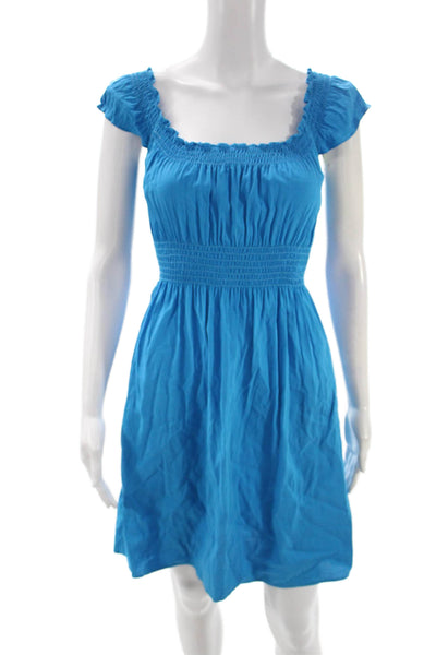 Theory Women Sundress Blue Linen Square Neck Short Sleeve Knee Length Size S