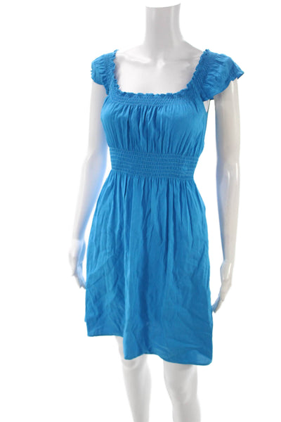 Theory Women Sundress Blue Linen Square Neck Short Sleeve Knee Length Size S