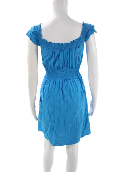 Theory Women Sundress Blue Linen Square Neck Short Sleeve Knee Length Size S