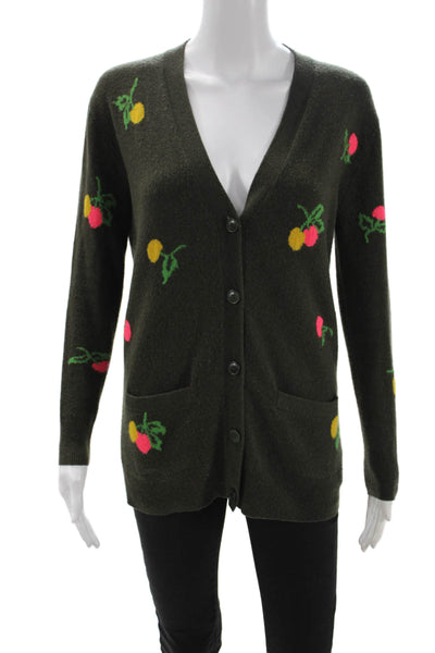 J Crew Women Floral Green Cashmere V-Neck Cardigan Size 2XS