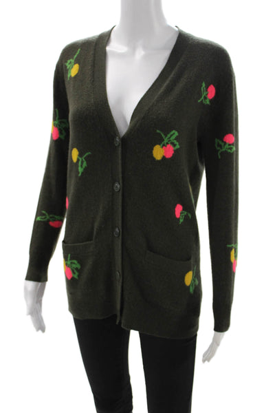J Crew Women Floral Green Cashmere V-Neck Cardigan Size 2XS