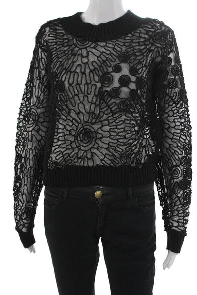 Beulah Women Pullover Sweater Black Floral High Neck Long Sleeve Size S