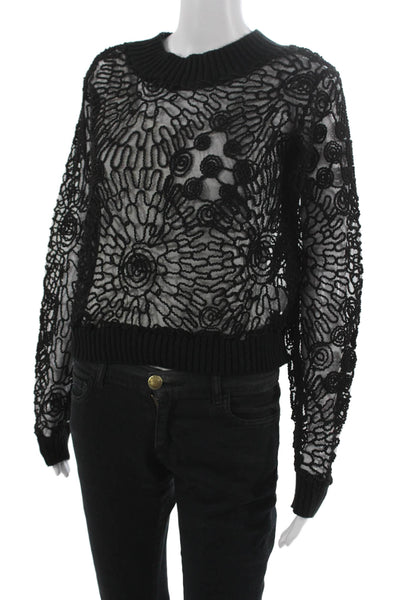 Beulah Women Pullover Sweater Black Floral High Neck Long Sleeve Size S