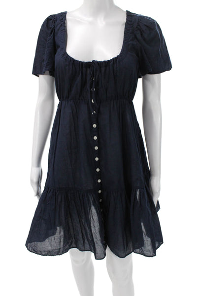 J Crew Women Cotton Square Neck Button Maxi Sundress Blue Short Sleeve Size 2XS