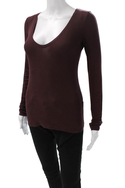 Theory Women Brown Basic Scoop Neck Long Sleeve T-Shirt Viscose Size PP