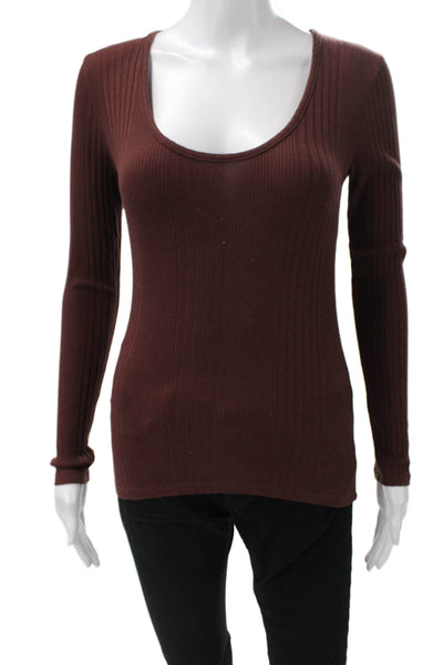 Frame Womens Basic Brown Scoop Neck Long Sleeve T-Shirt Micro Modal Size S