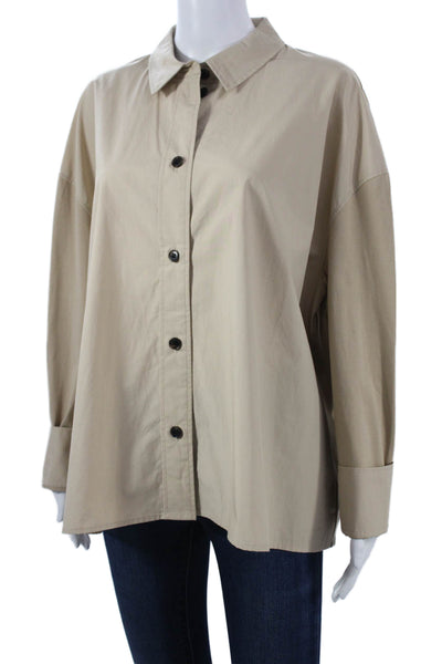 COS Womens Basic Button-Up Long Sleeve Beige 100% Cotton Collared Top Size L
