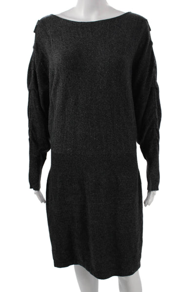 Qi Cashmere Women Sweater Dress Gray Boat Neck Long Sleeve Size S