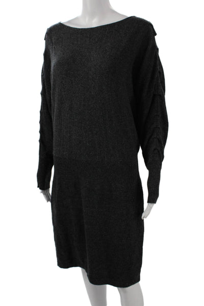 Qi Cashmere Women Sweater Dress Gray Boat Neck Long Sleeve Size S